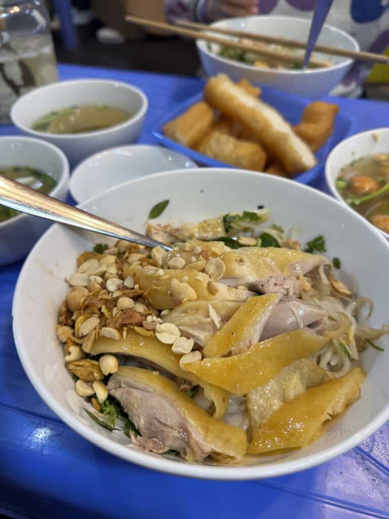 Fresh Vietnamese pho with herbs, nuts, and tender chicken on a blue table, featuring crispy spring rolls.